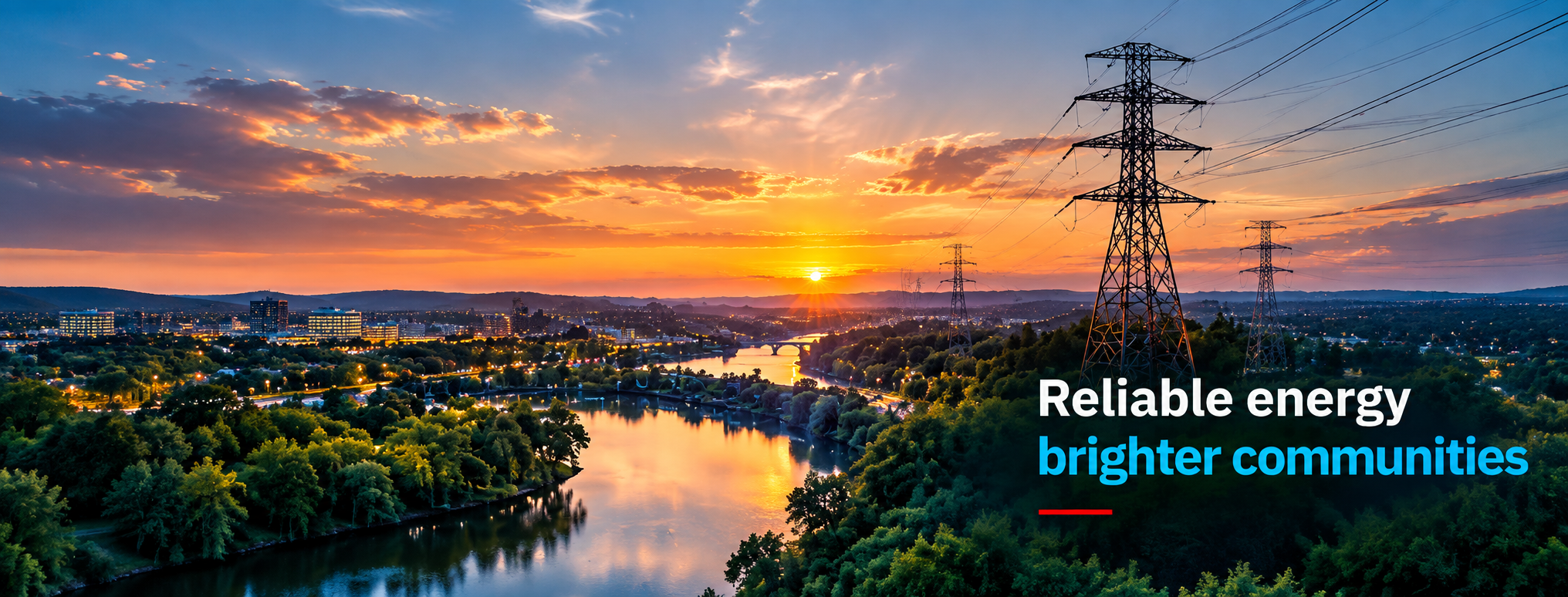 Reliable energy, brighter communities — transmission towers above a lit river valley at sunset